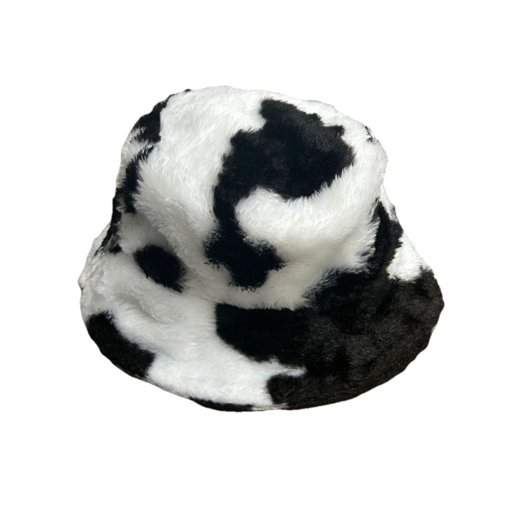 Womens Cute Plush Bucket Hat Cow Floppy Hat Thermal Warm Soft Foldable Fuzzy Cap